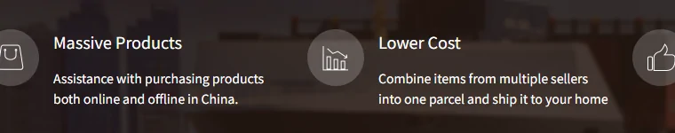 Two of the operator's own value claims on the home page: massive products, and lower cost by combining items from multiple sellers into one parcel