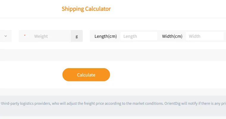 The OrientDig shipping calculator asking for a weight in grams in one field and for the box dimensions in centimetres in separate fields beside it, above a calculate button