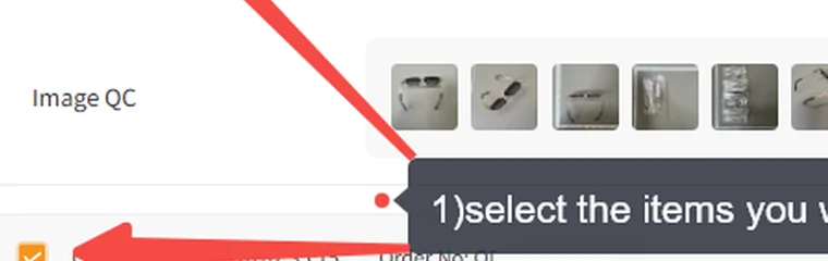 The image QC row of a warehouse item, showing a strip of inspection photo thumbnails with download and share icons beside them