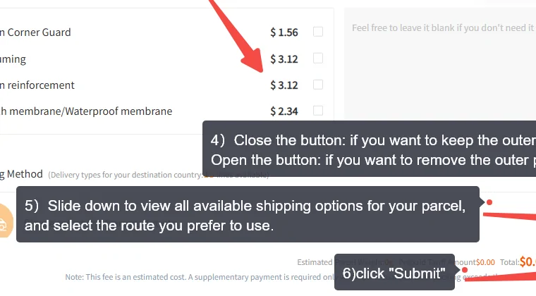 The lower half of the submit parcel screen, with priced packing add-ons and tick boxes above a shipping method row, the operator note to slide down and choose a route, and the submit button