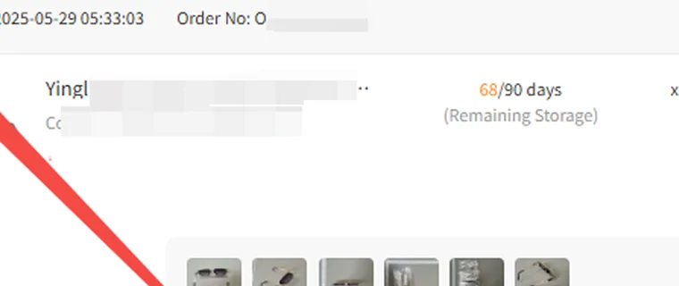 The left hand side of the warehouse list with tick boxes, item thumbnails, the date each order was created and a storage countdown reading 68 of 90 days