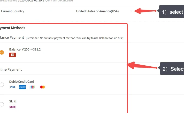 The payment methods panel on the OrientDig checkout, with a balance payment option showing a wallet balance and an online payment option below it