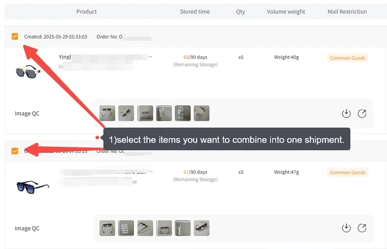OrientDig warehouse rows with QC thumbnails and checkboxes for the items to combine