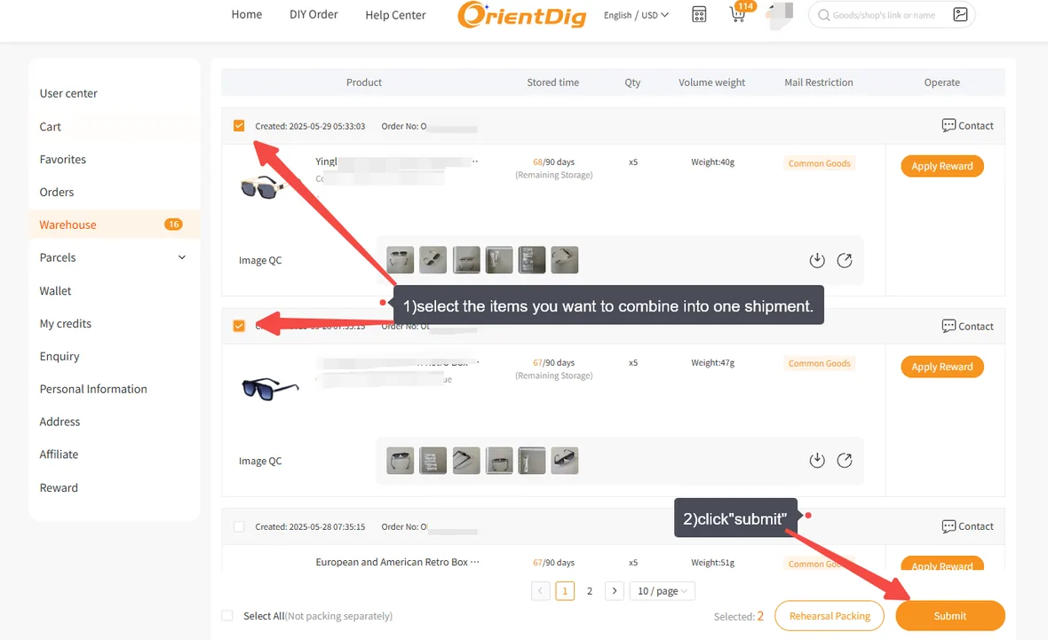 The full OrientDig warehouse page with several items ticked and the submit button highlighted